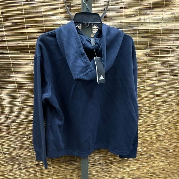 ADIDAS Womens Navy Fleece Ribbed Drawstring Hood Step Hem Logo Graphic Sweatshir - Picture 3 of 3